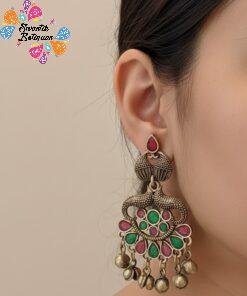 Latest Arrivals Alternative view of Peacock Designer Green And Red Oxidised Silver Earrings