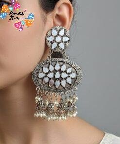 Mirror And White Peral Designer Oxidised Silver Earrings