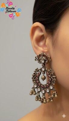 White And Pink Stone With Peacock Designer Oxidised Silver Earrings