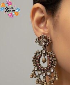 Alternative view of White And Pink Stone With Peacock Designer Oxidised Silver Earrings