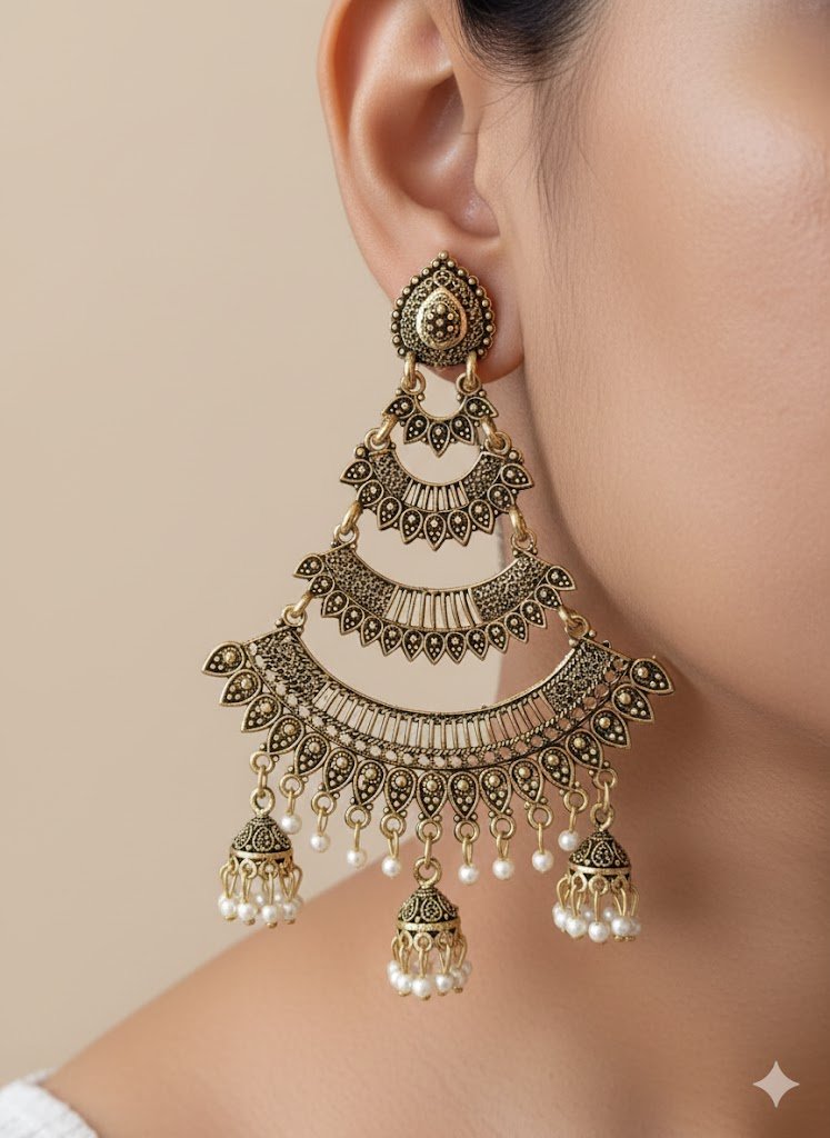 Floral And White Pearl Designer Oxidised Gold Earrings Floral And White Pearl Designer Oxidised Gold Earrings