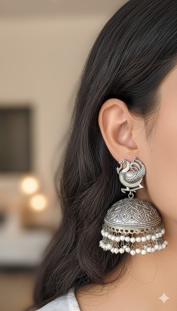 Peacock Designer Oxidised Silver Jhumkas Peacock Designer Oxidised Silver Jhumkas