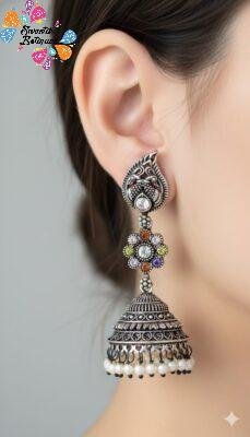 Peacock Designer Oxidised Silver Jhumkas