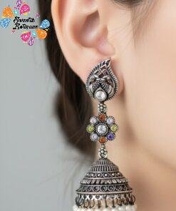 Alternative view of Peacock Designer Oxidised Silver Jhumkas