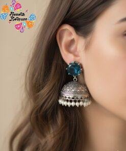 Blue Stone With White Pearl Designer Oxidised Silver Jhumkas
