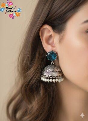 Blue Stone With White Pearl Designer Oxidised Silver Jhumkas