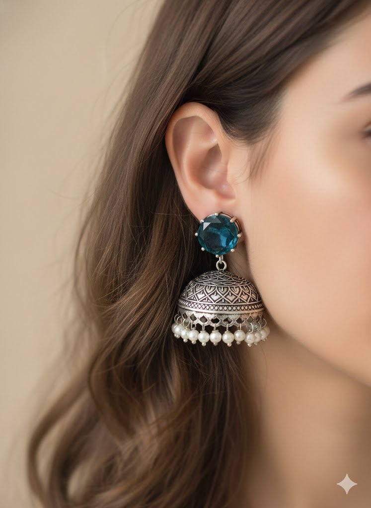 Blue Stone With White Pearl Designer Oxidised Silver Jhumkas Blue Stone With White Pearl Designer Oxidised Silver Jhumkas