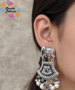 Alternative view of Elephant Designer Oxidised Silver Earrings