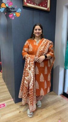 Floral Designer Pastel Orange and Beige  Plus Size Premium Soft Cotton Ready-Made Shalwar Suit