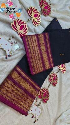 Black and Magenta With Gold Border Chettinad Cotton Saree