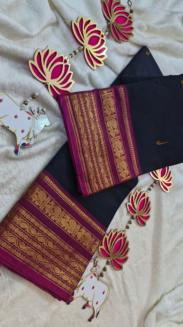 Black Colour and Pink Border Chettinad Cotton Saree Black Colour and Pink Border Chettinad Cotton Saree