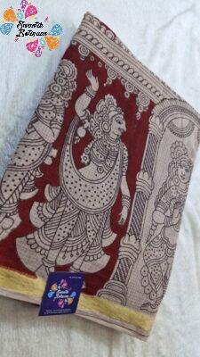 Maroon and Beige Premium Kotta Cotton  Kalamkari Saree