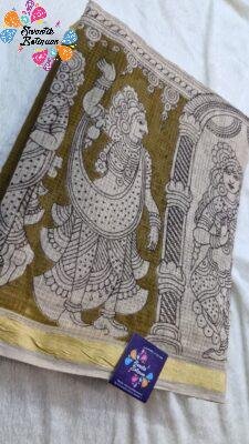 Olive Green and Beige Premium Kotta Cotton Kalamkari Saree