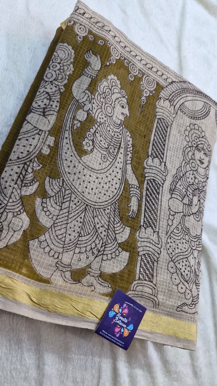 Olive Green and Beige Premium Kotta Cotton Kalamkari Saree Olive Green and Beige Premium Kotta Cotton Kalamkari Saree