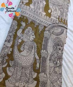 Olive Green and Beige Premium Kotta Cotton Kalamkari Saree Olive Green and Beige Premium Kotta Cotton Kalamkari Saree