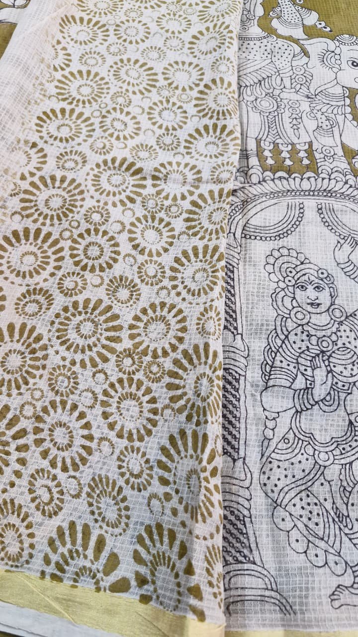 Olive Green and Beige Premium Kotta Cotton Kalamkari Saree Olive Green and Beige Premium Kotta Cotton Kalamkari Saree - Image 6