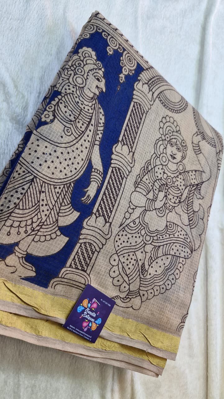 Blue and Beige Premium Kotta Cotton Kalamkari Sarees Blue and Beige Premium Kotta Cotton Kalamkari Sarees