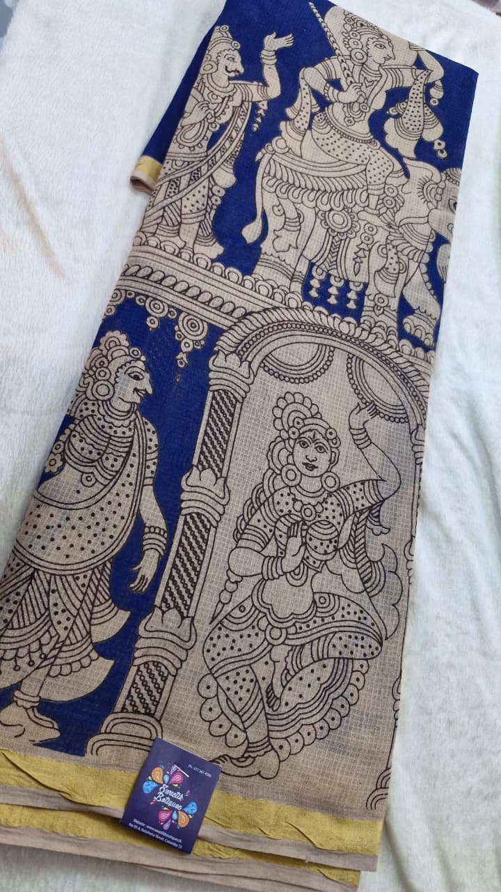 Blue and Beige Premium Kotta Cotton Kalamkari Sarees Blue and Beige Premium Kotta Cotton Kalamkari Sarees - Image 3