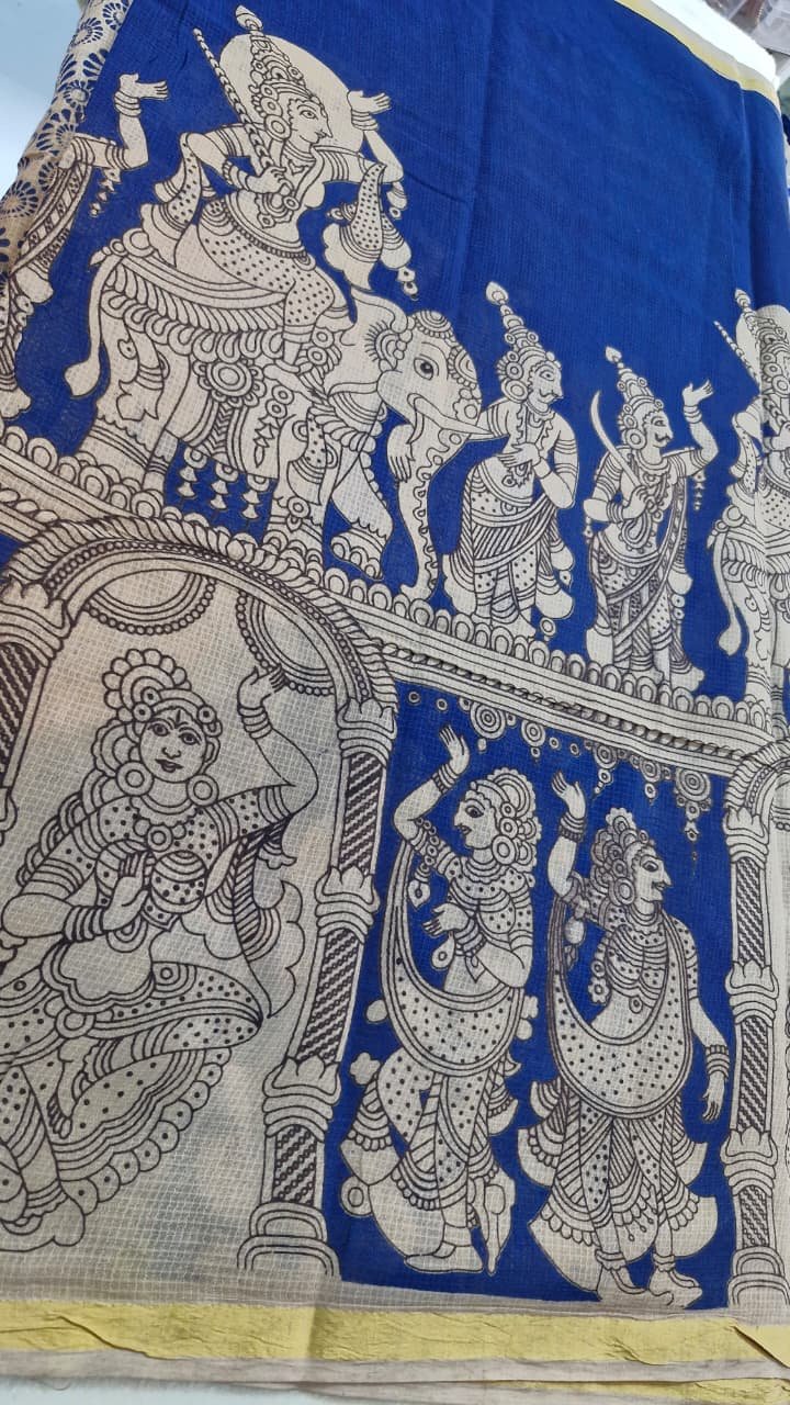 Blue and Beige Premium Kotta Cotton Kalamkari Sarees Blue and Beige Premium Kotta Cotton Kalamkari Sarees - Image 5