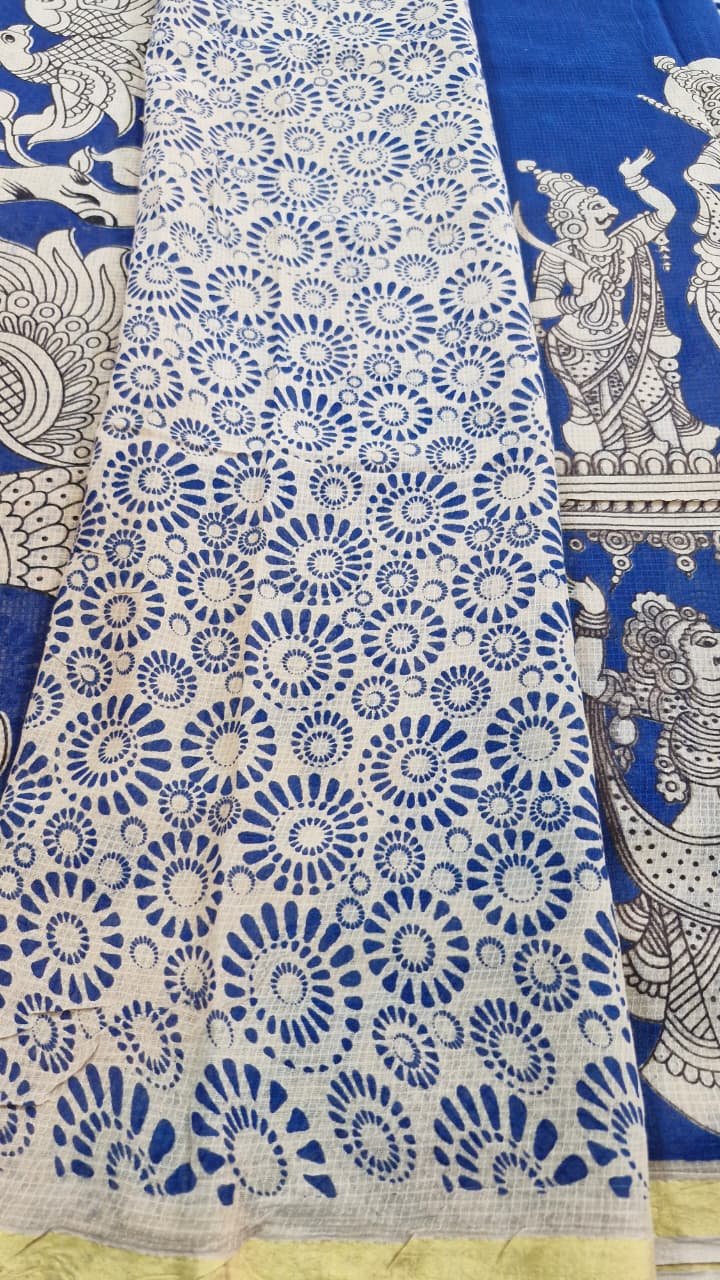 Blue and Beige Premium Kotta Cotton Kalamkari Sarees Blue and Beige Premium Kotta Cotton Kalamkari Sarees - Image 8