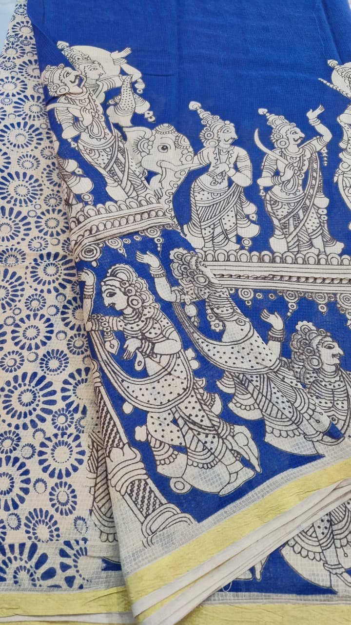 Blue and Beige Premium Kotta Cotton Kalamkari Sarees Blue and Beige Premium Kotta Cotton Kalamkari Sarees - Image 4