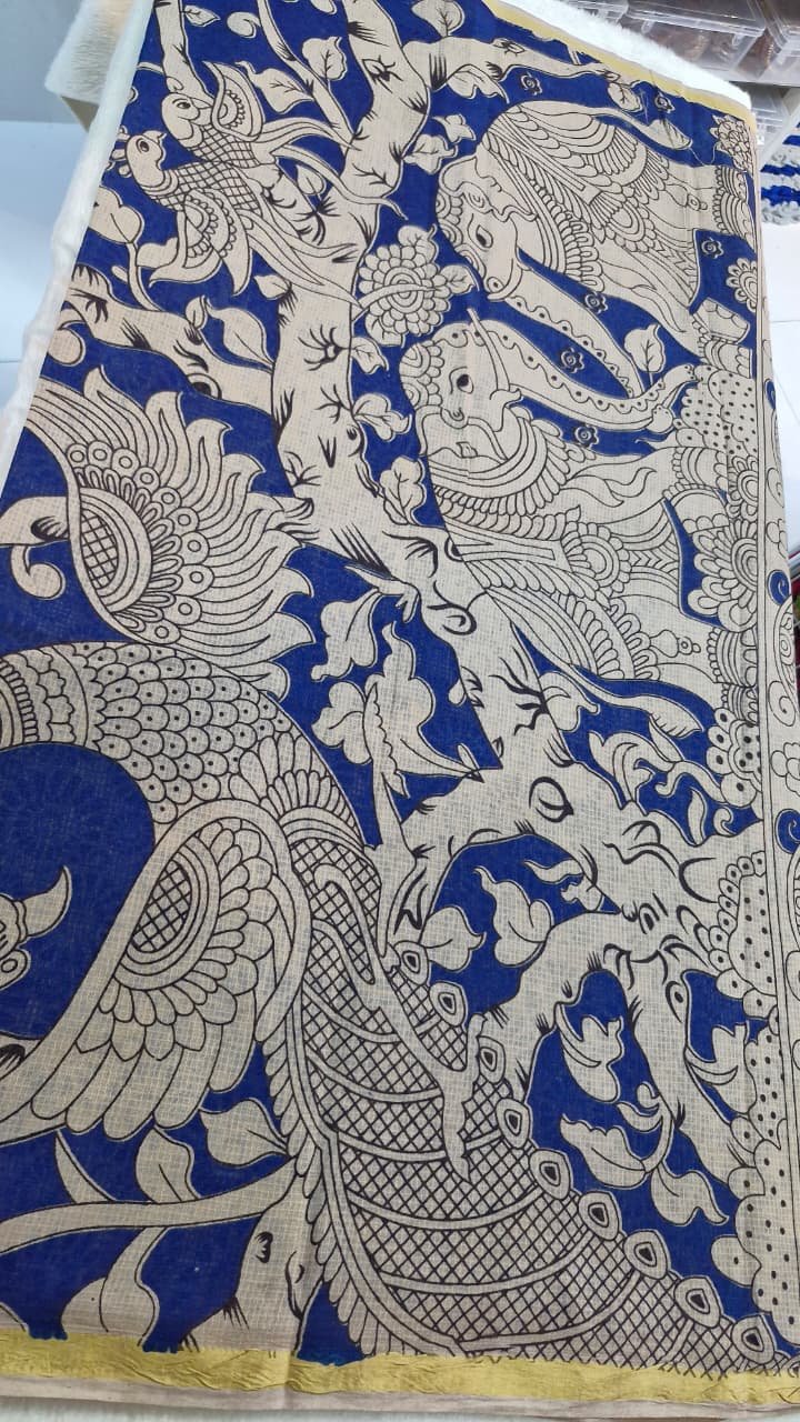 Blue and Beige Premium Kotta Cotton Kalamkari Sarees Blue and Beige Premium Kotta Cotton Kalamkari Sarees - Image 7