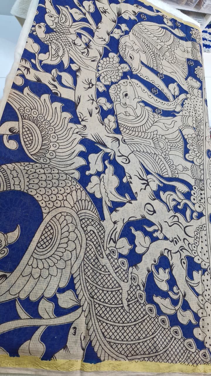 Blue and Beige Premium Kotta Cotton Kalamkari Sarees Blue and Beige Premium Kotta Cotton Kalamkari Sarees - Image 6