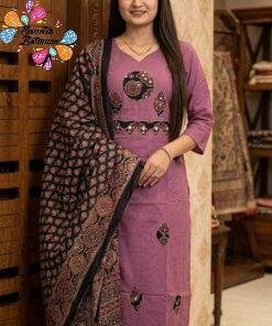 Mirror Designer Lavender and Black Premium Dabu Cotton Readymade Shalwar Suit
