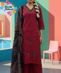 Floral Designer Deep Maroon and Black Premium Dabu Cotton Readymade Shalwar Suit