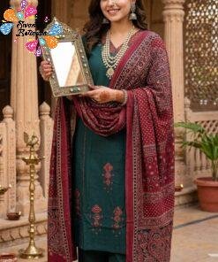 Floral Designer Teal Green and Maroon Premium Dabu Cotton Readymade Shalwar Suit