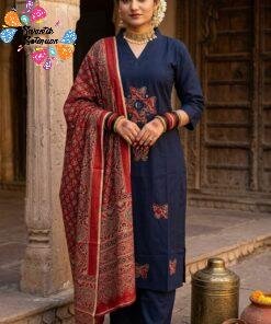 Floral Designer Navy Blue and Maroon Premium Dabu Cotton Readymade Shalwar Suit