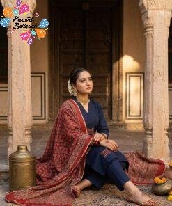 Floral Designer Navy Blue and Maroon Premium Dabu Cotton Readymade Shalwar Suit