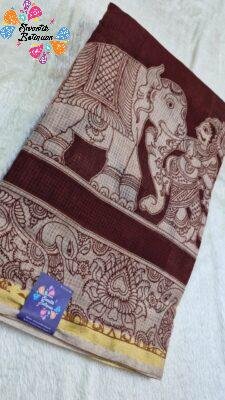 Deep Maroon and Beige Premium Kotta Cotton Kalamkari Saree