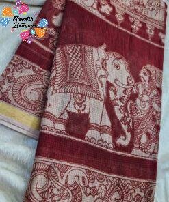 Maroon and Beige Premium Kotta Cotton Kalamkari Saree