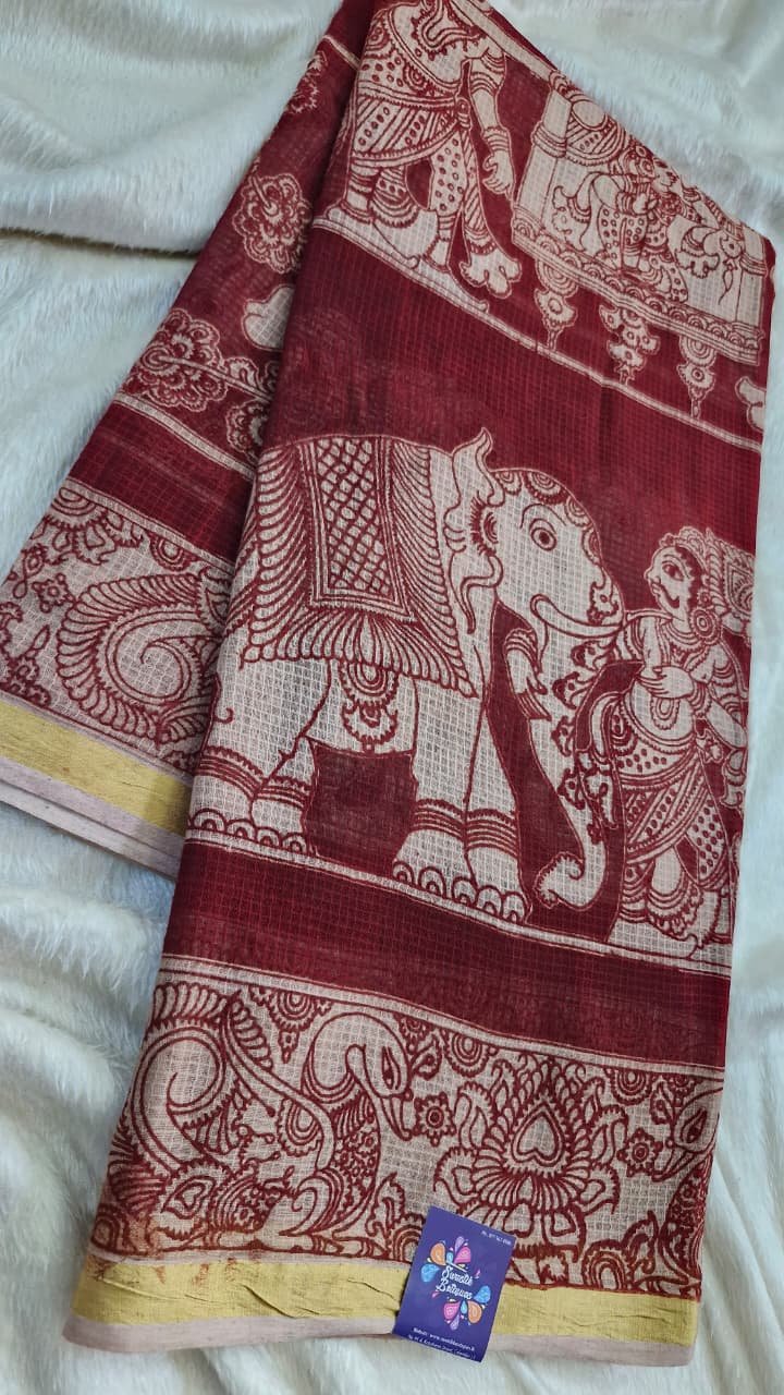 Maroon and Beige Premium Kotta Cotton Kalamkari Saree Maroon and Beige Premium Kotta Cotton Kalamkari Saree - Image 5