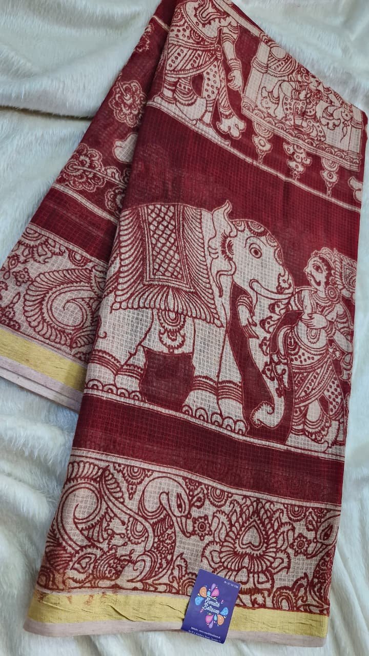 Maroon and Beige Premium Kotta Cotton Kalamkari Saree Maroon and Beige Premium Kotta Cotton Kalamkari Saree - Image 6