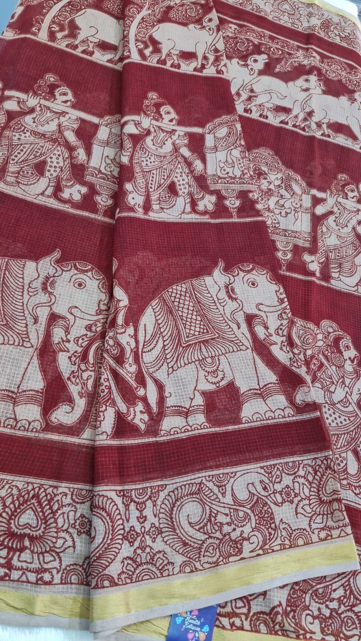 Maroon and Beige Premium Kotta Cotton Kalamkari Saree Maroon and Beige Premium Kotta Cotton Kalamkari Saree - Image 4