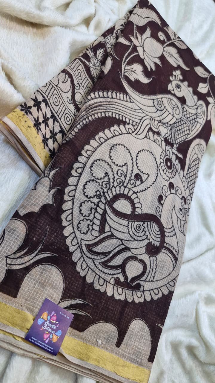 Chocolate Brown and Beige Premium Kotta Cotton Kalamkari Saree Chocolate Brown and Beige Premium Kotta Cotton Kalamkari Saree - Image 3