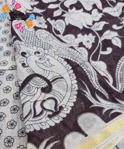 Chocolate Brown and Beige Premium Kotta Cotton Kalamkari Saree