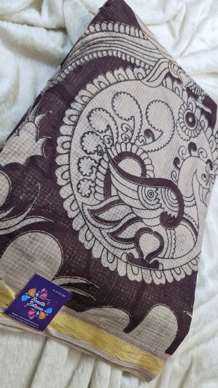 Chocolate Brown and Beige Premium Kotta Cotton Kalamkari Saree Chocolate Brown and Beige Premium Kotta Cotton Kalamkari Saree