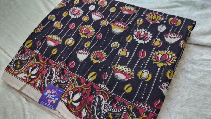 Deep Charcoal Black and Brick Red Premium Kotta Cotton Kalamkari Saree