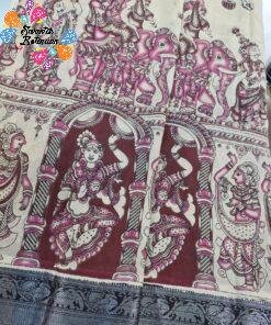 Deep Wine and Beige Kalamkari Silk Saree With Kanchi Border Deep Wine and Beige Kalamkari Silk Saree With Kanchi Border