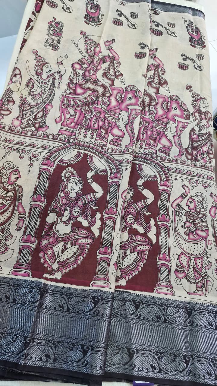 Deep Wine and Beige Kalamkari Silk Saree With Kanchi Border Deep Wine and Beige Kalamkari Silk Saree With Kanchi Border - Image 4