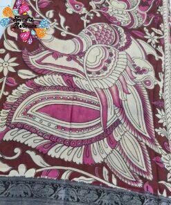 Deep Wine and Beige Kalamkari Silk Saree With Kanchi Border Deep Wine and Beige Kalamkari Silk Saree With Kanchi Border