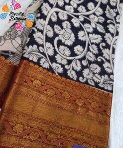 Charcoal Black and Beige Premium Kotta Cotton Kalamkari Saree Charcoal Black and Beige Premium Kotta Cotton Kalamkari Saree