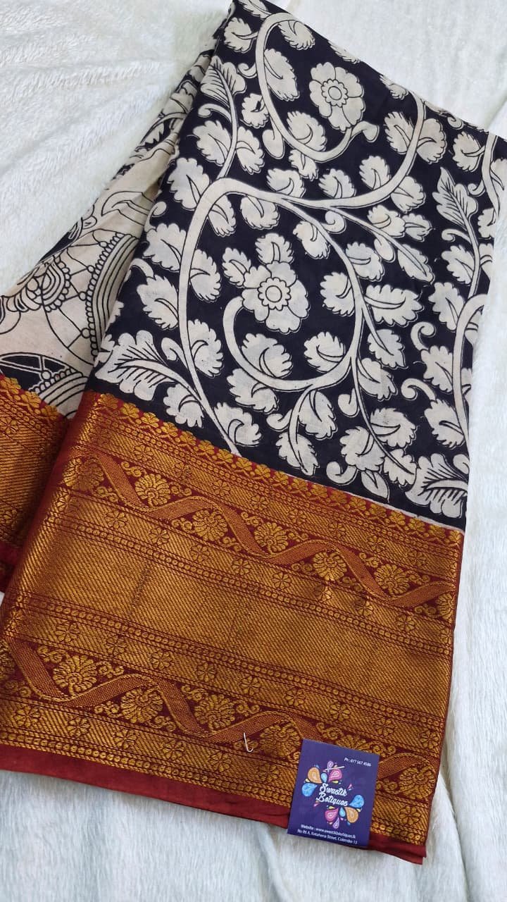 Charcoal Black and Beige Premium Kotta Cotton Kalamkari Saree Charcoal Black and Beige Premium Kotta Cotton Kalamkari Saree - Image 3