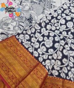 Charcoal Black and Beige Premium Kotta Cotton Kalamkari Saree