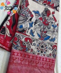 Black and White Kalamkari Silk Saree With Kanchi Border