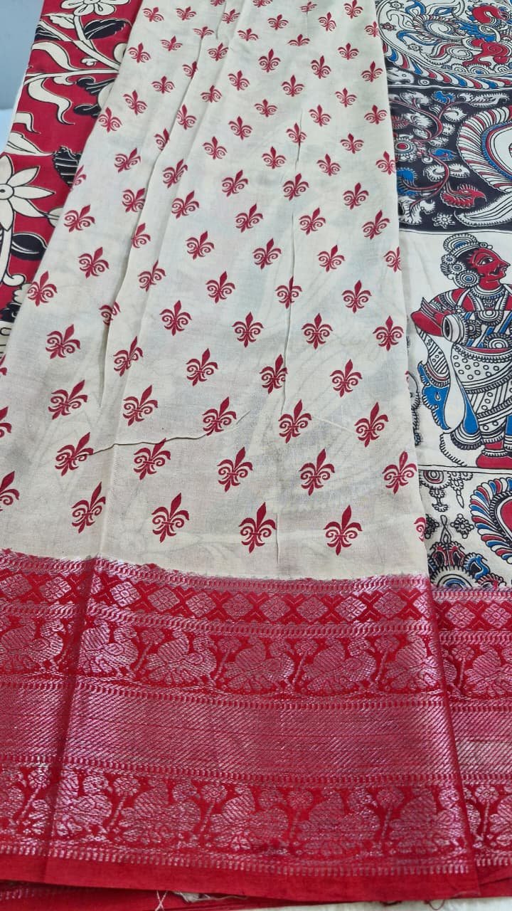 Black and White Kalamkari Silk Saree With Kanchi Border Black and White Kalamkari Silk Saree With Kanchi Border - Image 6