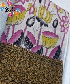 Off-white and Floral Designer Rose Pink With Yellow Premium Kotta Cotton Kalamkari Saree